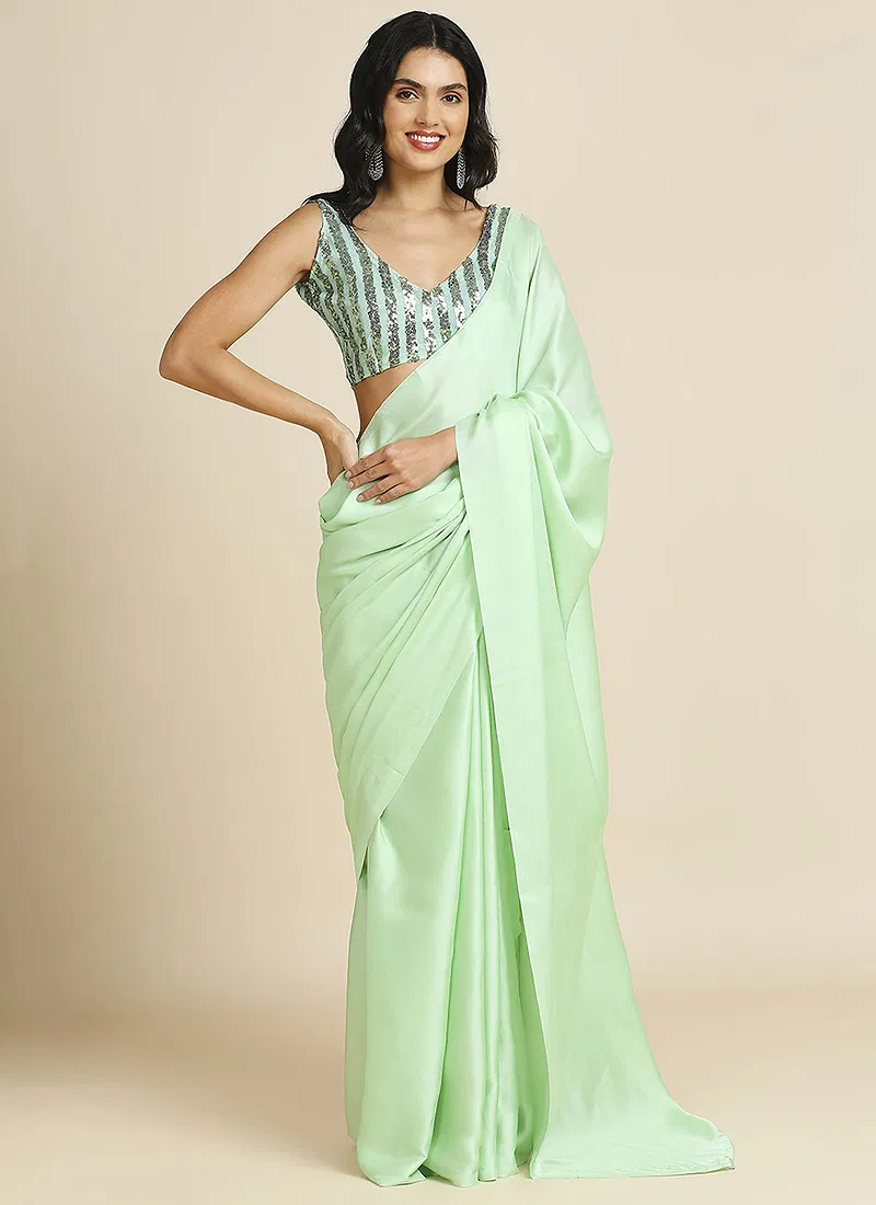 Lime Green Silk Blend Saree With Lycra Sequins Unstitch Blouse