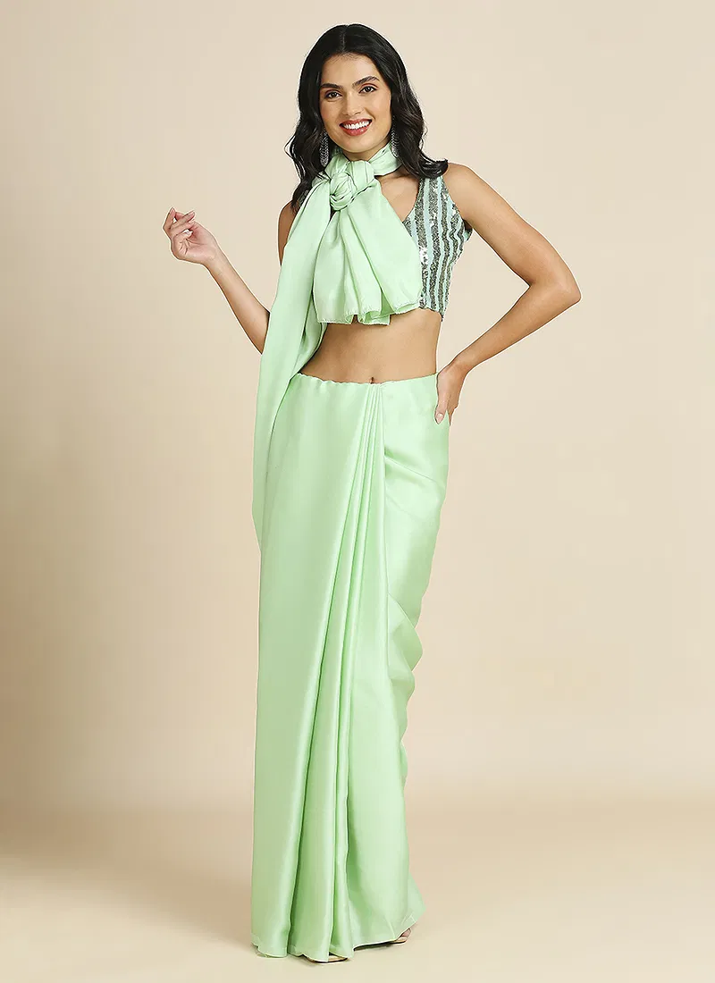 Lime Green Silk Blend Saree With Lycra Sequins Unstitch Blouse