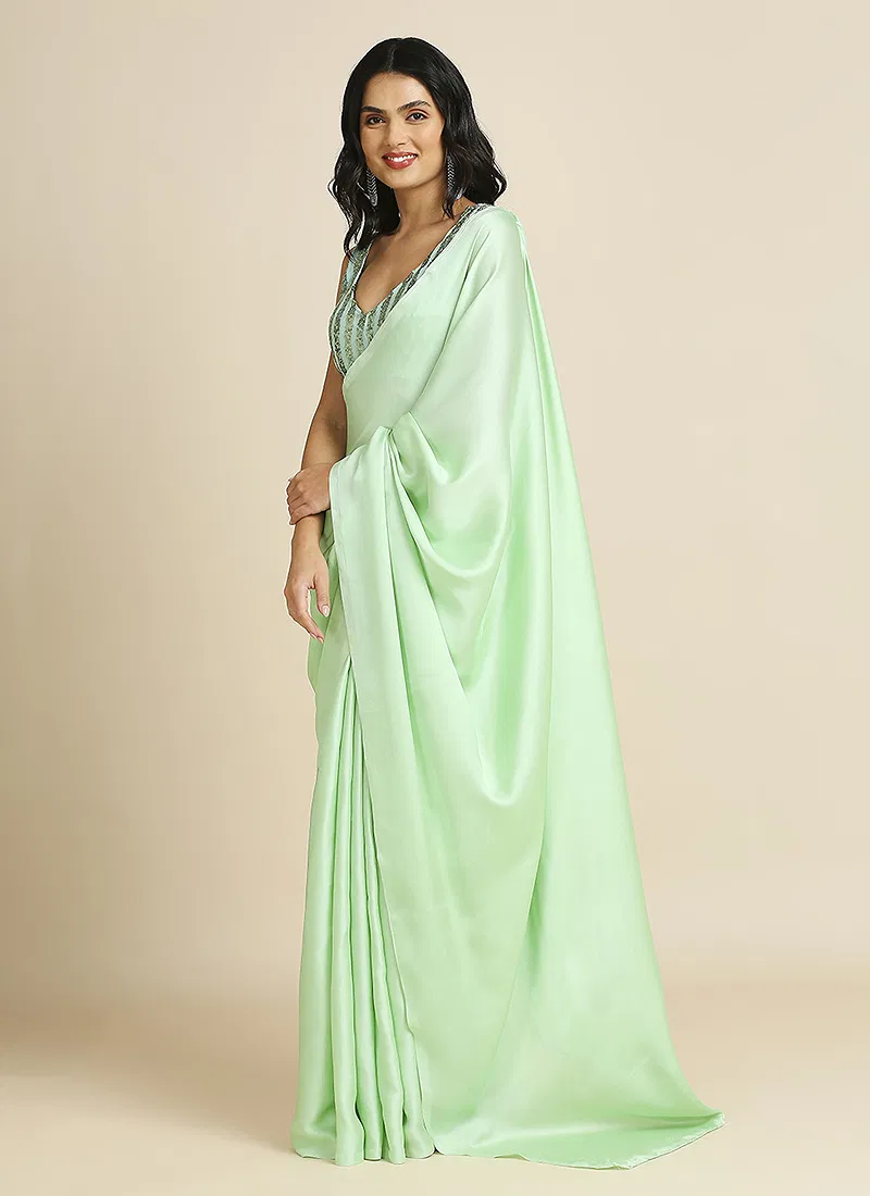 Lime Green Silk Blend Saree With Lycra Sequins Unstitch Blouse