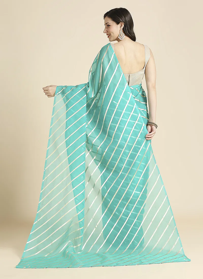 Turqoise Color Organza Chiffon Leheriya Print Saree With Blouse