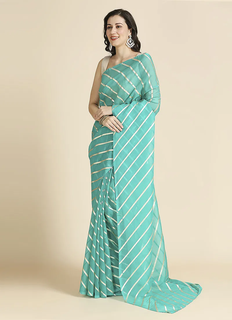 Turqoise Color Organza Chiffon Leheriya Print Saree With Blouse