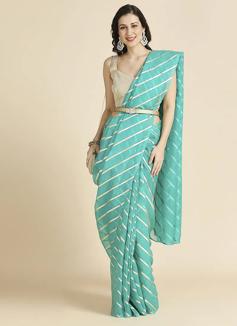 Turqoise Color Organza Chiffon Leheriya Print Saree With Blouse