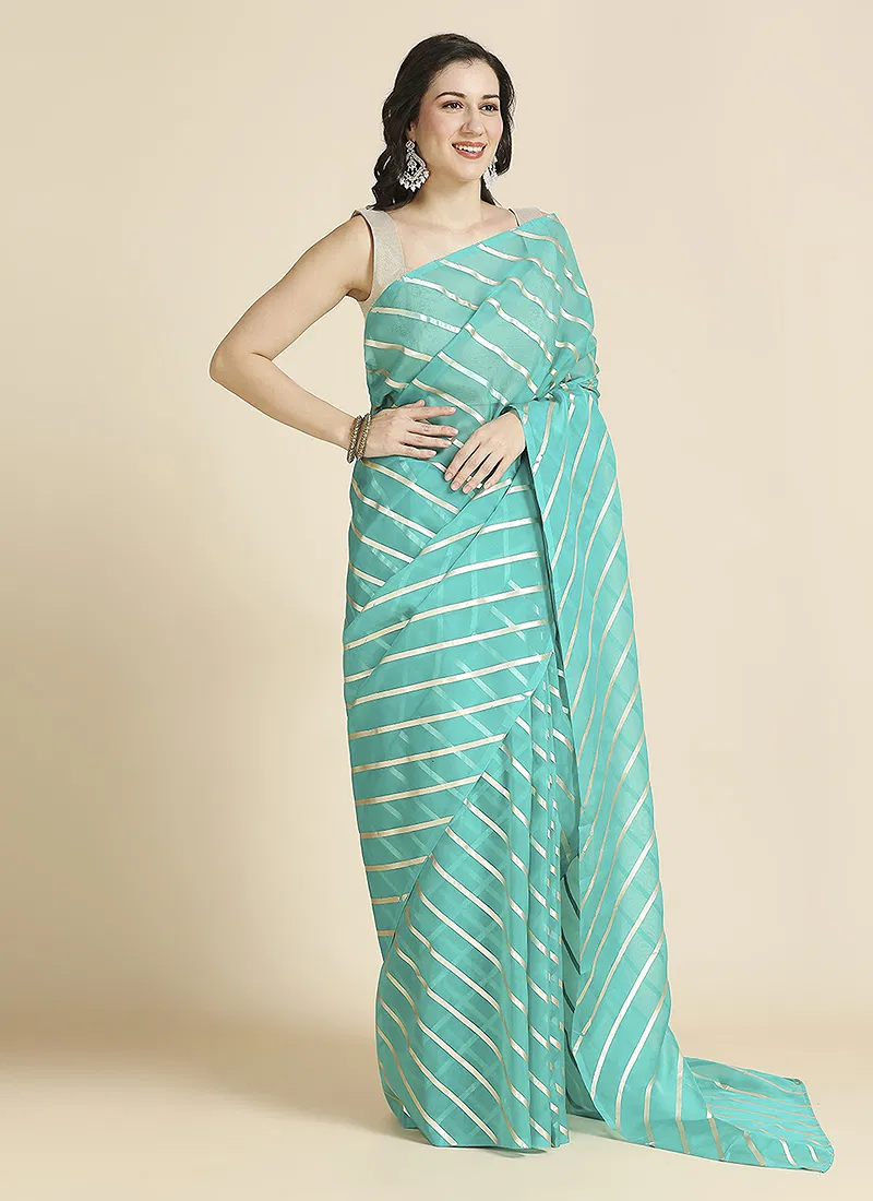 Turqoise Color Organza Chiffon Leheriya Print Saree With Blouse
