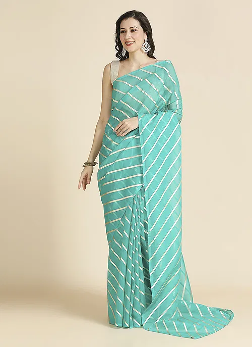 Turqoise Color Organza Chiffon Leheriya Print Saree With Blouse