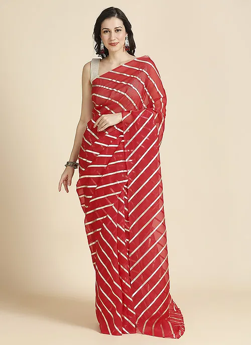 Red Color Organza Chiffon Leheriya Print Saree With Blouse