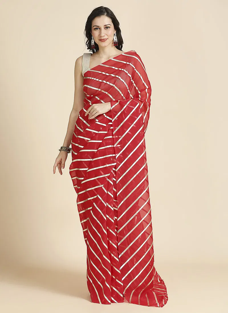 Red Color Organza Chiffon Leheriya Print Saree With Blouse