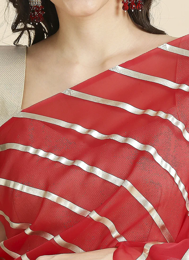 Red Color Organza Chiffon Leheriya Print Saree With Blouse