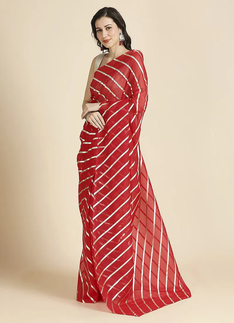 Red Color Organza Chiffon Leheriya Print Saree With Blouse