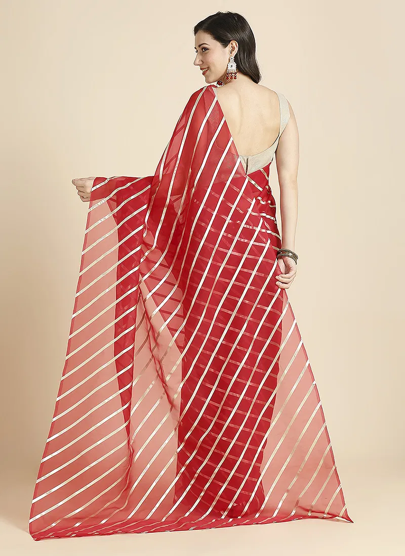 Red Color Organza Chiffon Leheriya Print Saree With Blouse