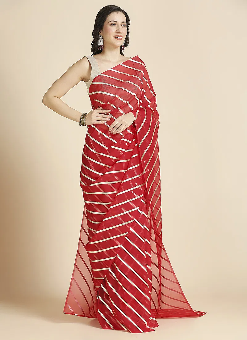 Red Color Organza Chiffon Leheriya Print Saree With Blouse