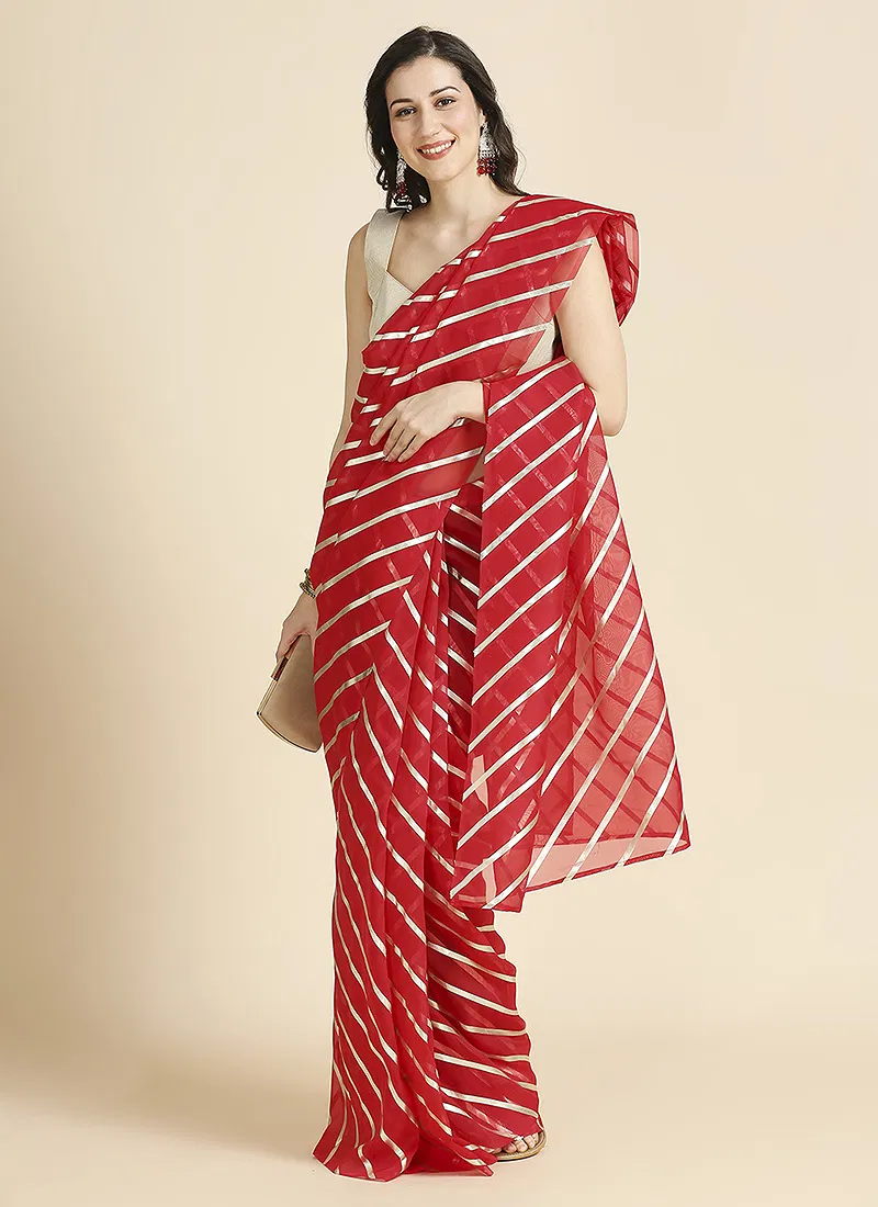Red Color Organza Chiffon Leheriya Print Saree With Blouse