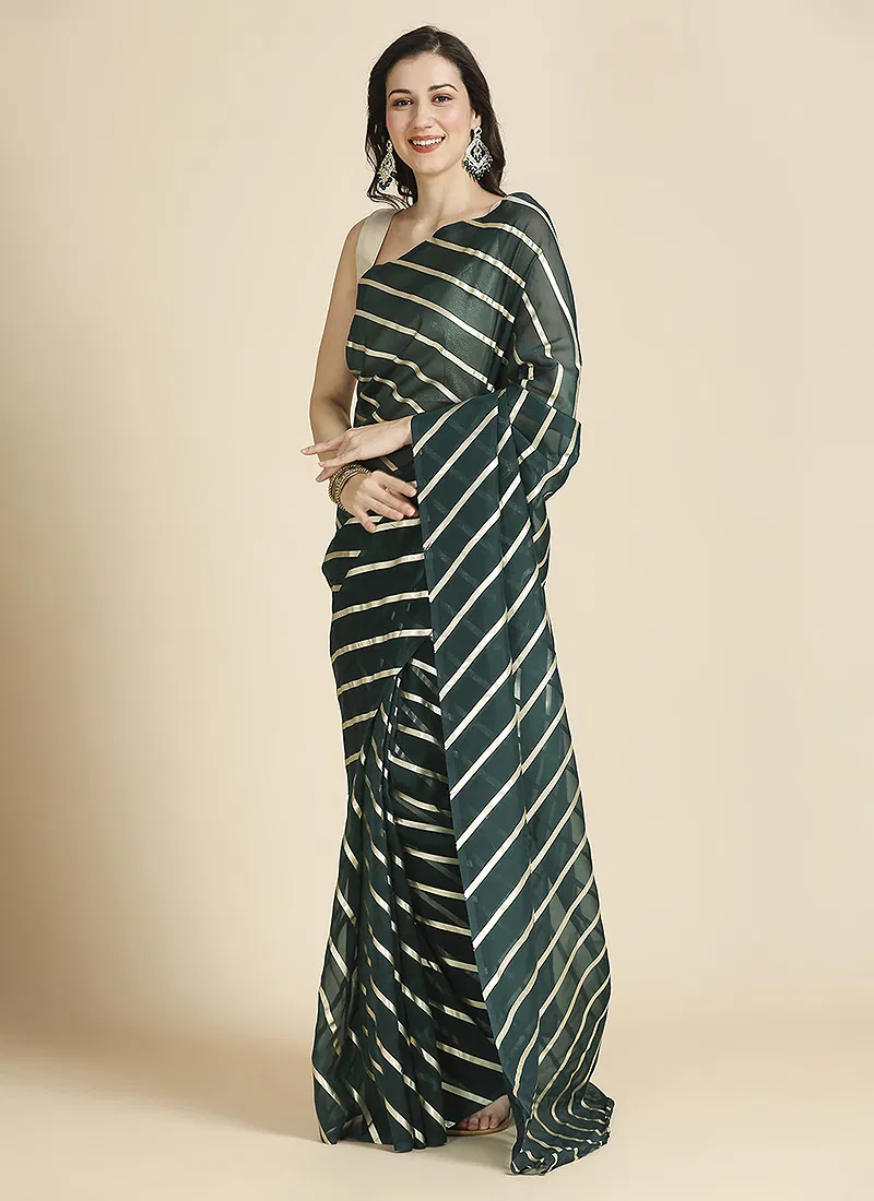 green Color Organza Chiffon Leheriya Print Saree With Blouse