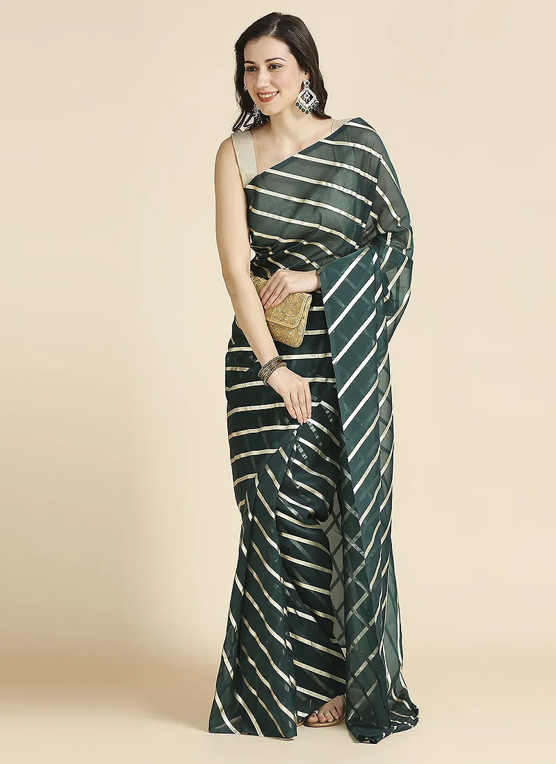 green Color Organza Chiffon Leheriya Print Saree With Blouse