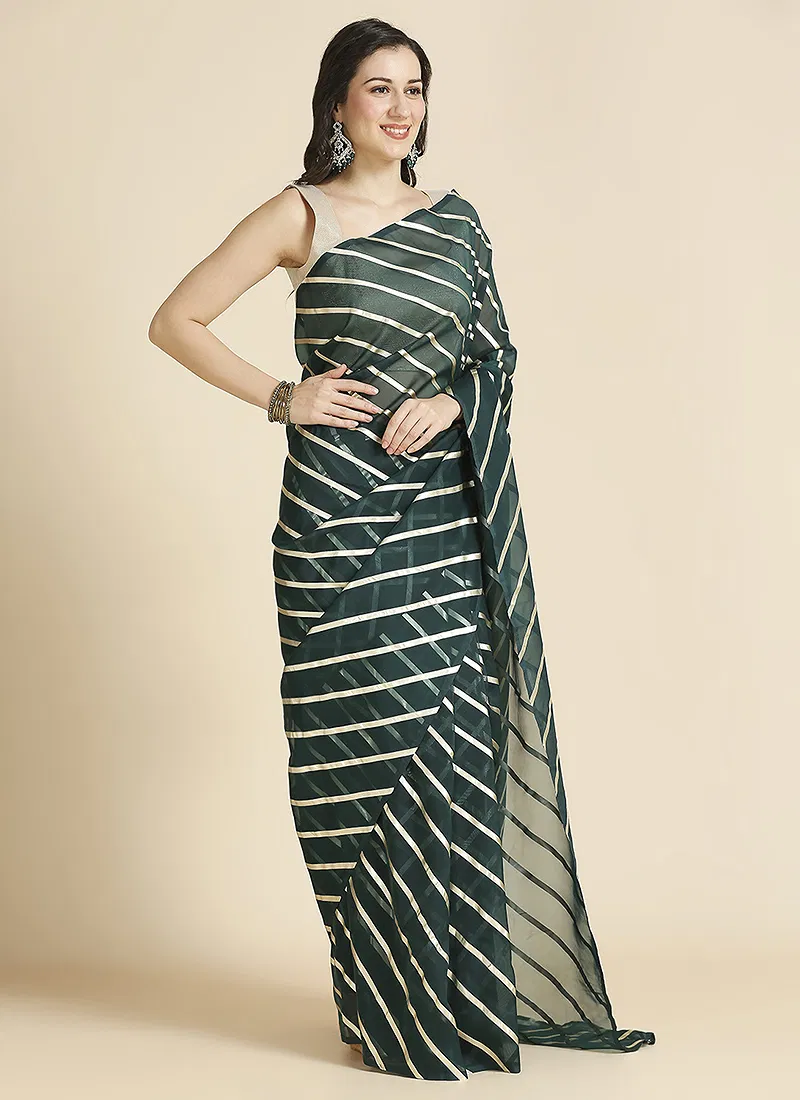 green Color Organza Chiffon Leheriya Print Saree With Blouse