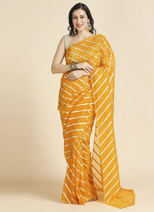 Yellow Color Organza Chiffon Leheriya Print Saree With Blouse