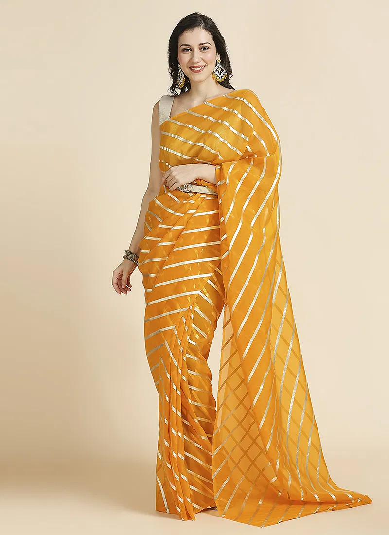Yellow Color Organza Chiffon Leheriya Print Saree With Blouse