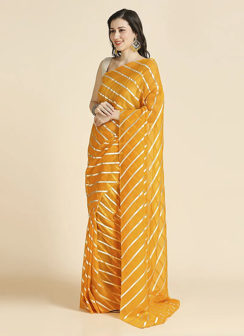 Yellow Color Organza Chiffon Leheriya Print Saree With Blouse
