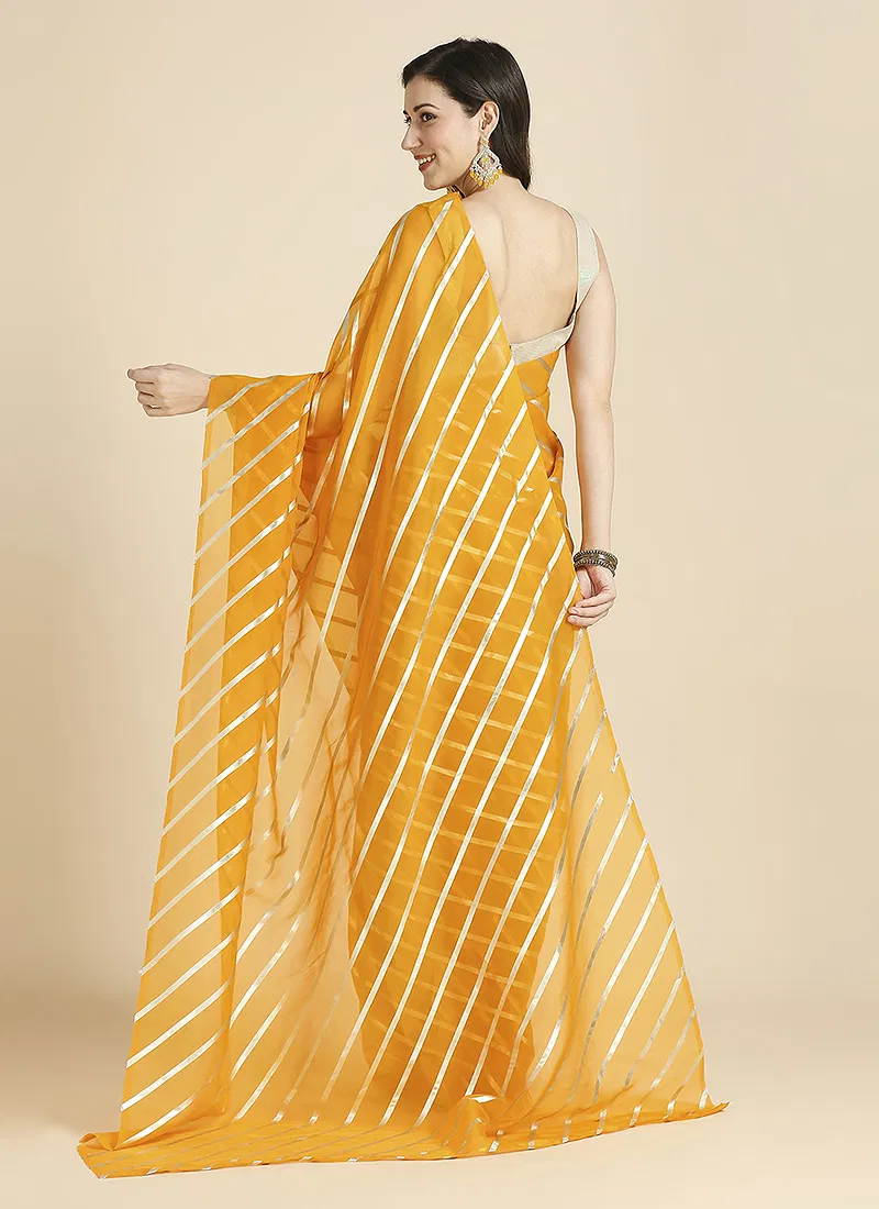 Yellow Color Organza Chiffon Leheriya Print Saree With Blouse