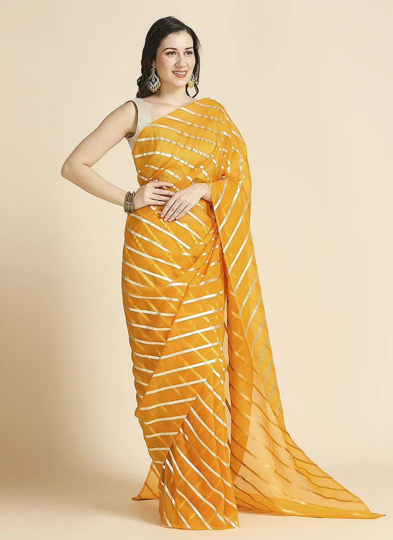 Yellow Color Organza Chiffon Leheriya Print Saree With Blouse