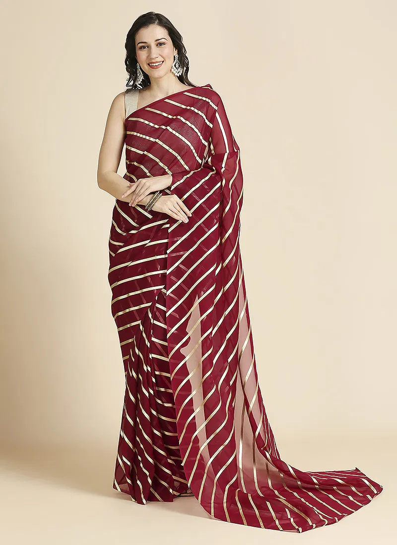 Maroon Color Organza Chiffon Leheriya Print Saree With Blouse