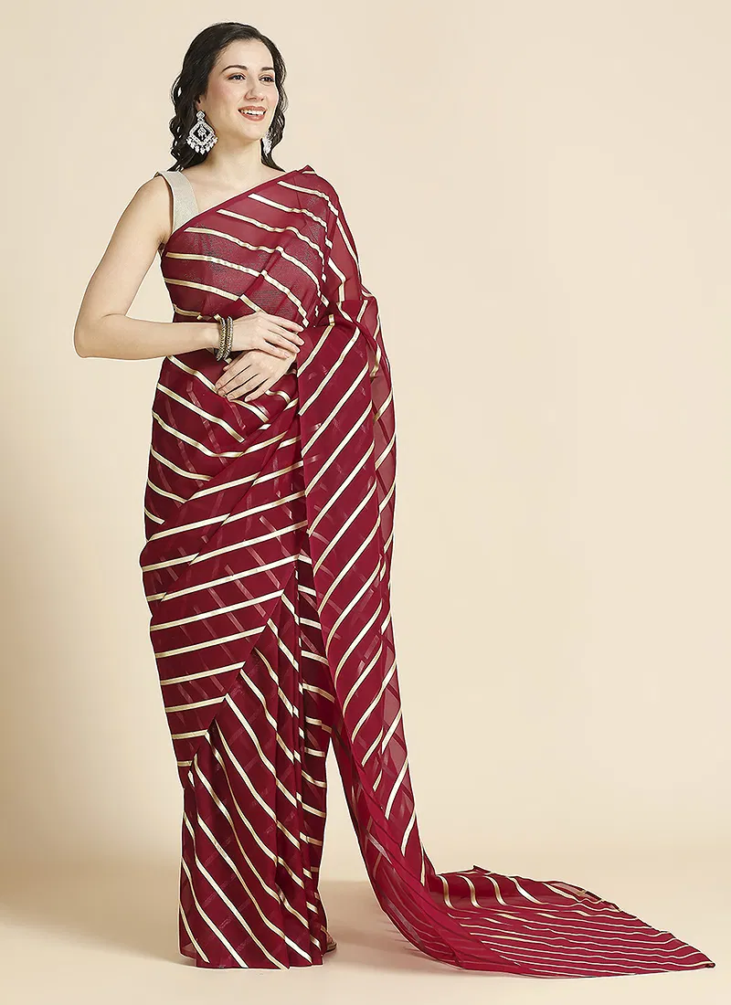 Maroon Color Organza Chiffon Leheriya Print Saree With Blouse