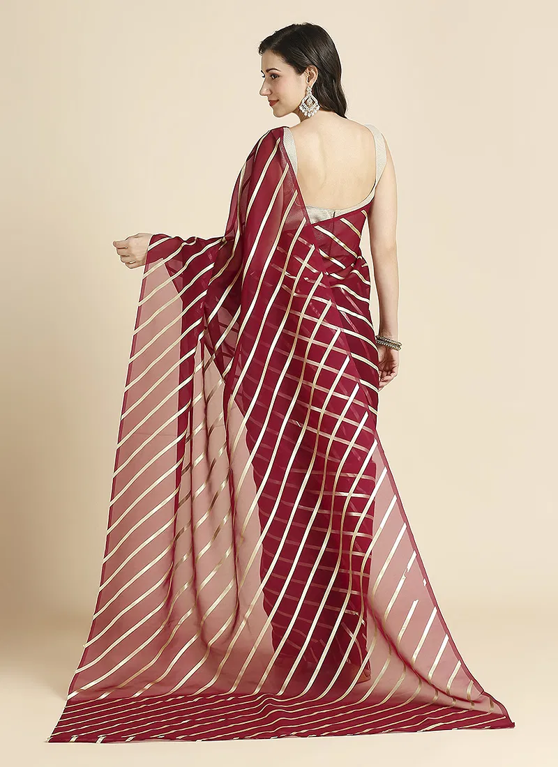 Maroon Color Organza Chiffon Leheriya Print Saree With Blouse