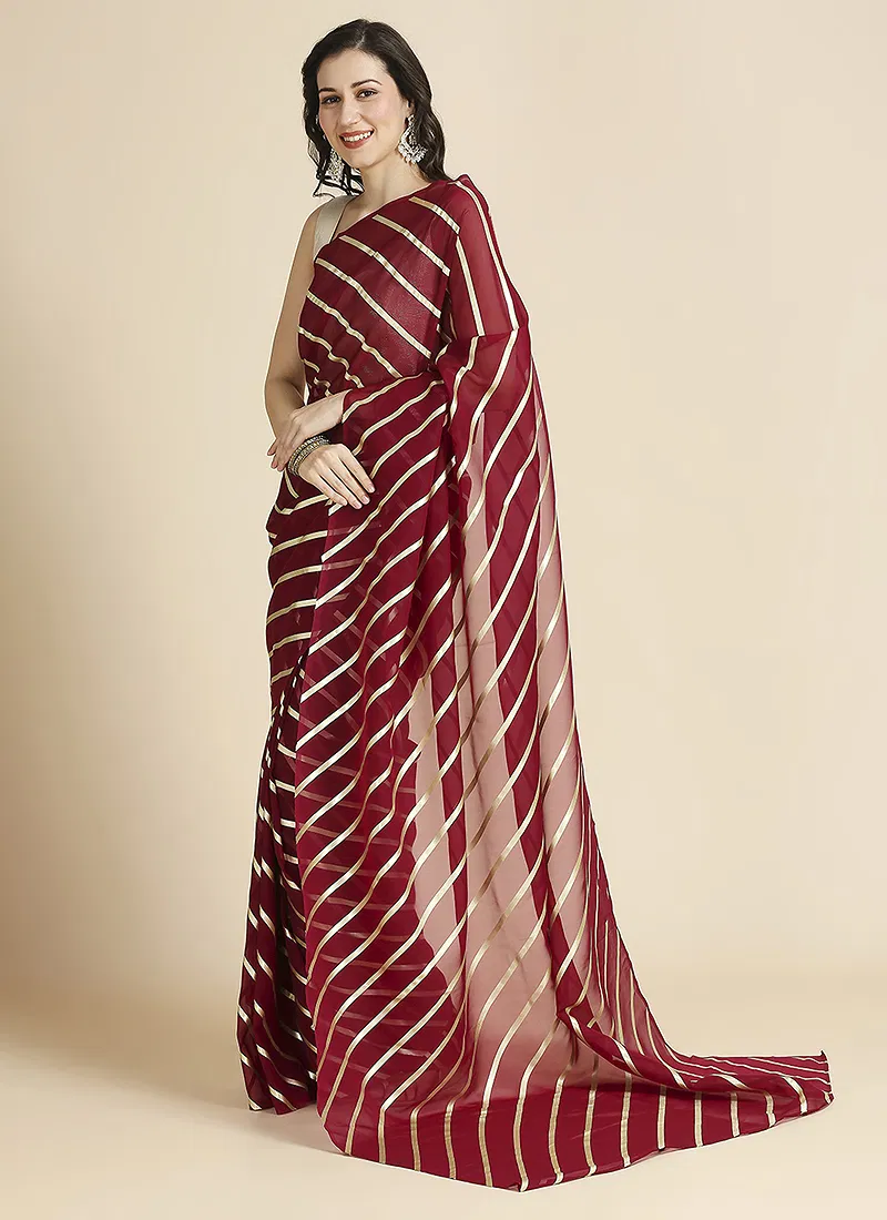 Maroon Color Organza Chiffon Leheriya Print Saree With Blouse