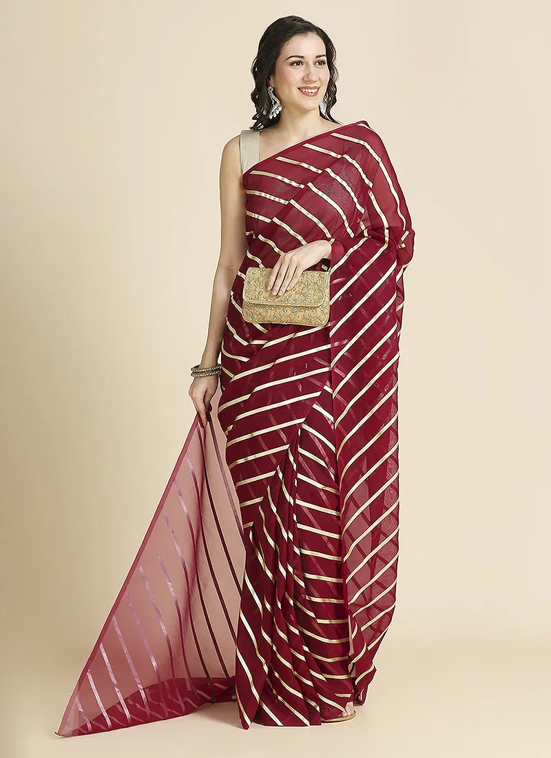 Maroon Color Organza Chiffon Leheriya Print Saree With Blouse