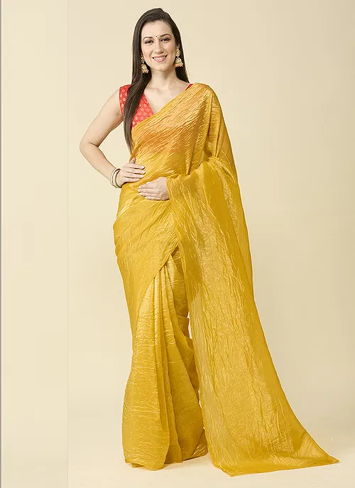 Yellow Marble Silk Saree With Dupion Blouse Piece