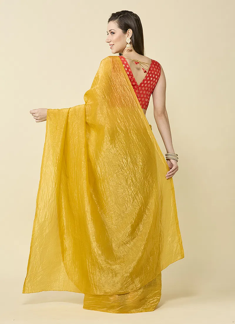 Yellow Marble Silk Saree With Dupion Blouse Piece