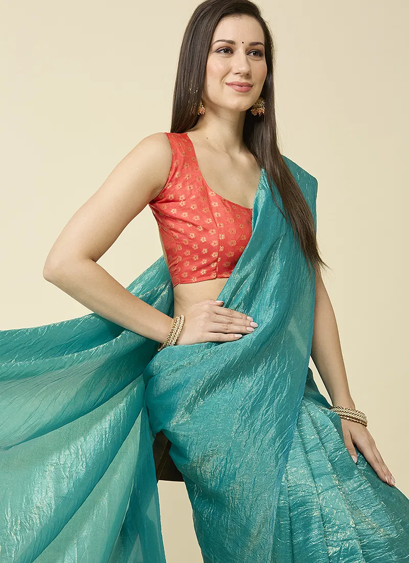 Green Marble Silk Saree With Dupion Blouse Piece