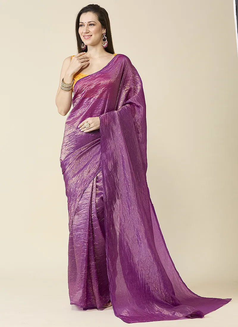 Purple Marble Silk Saree With Dupion Blouse Piece