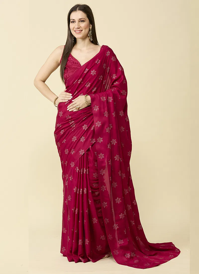 Deep Red Embellished Schiffli Pure Chiffon Saree