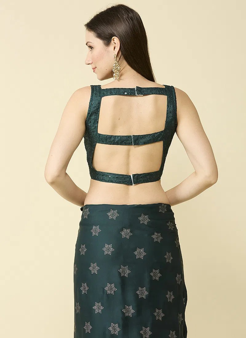 Bottle Green Embellished Schiffli Pure Chiffon Saree