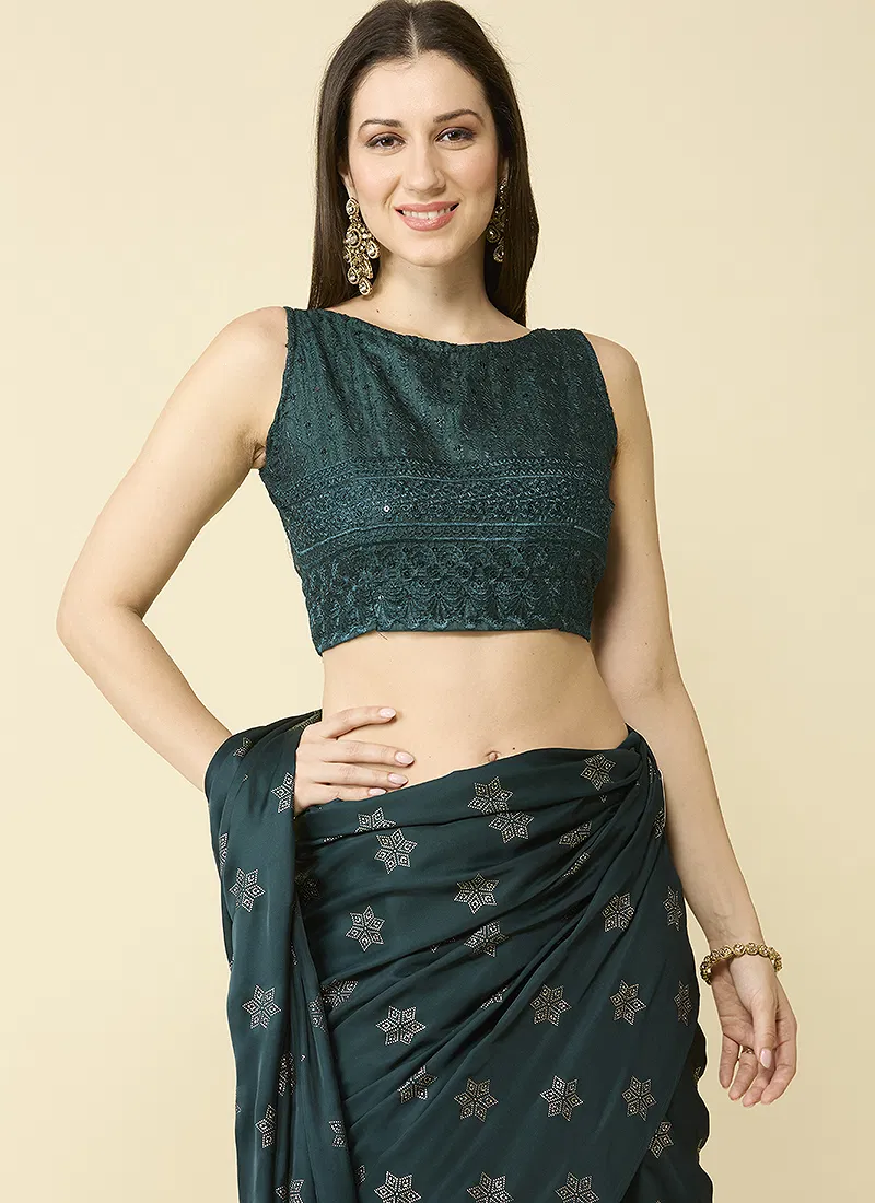 Bottle Green Embellished Schiffli Pure Chiffon Saree