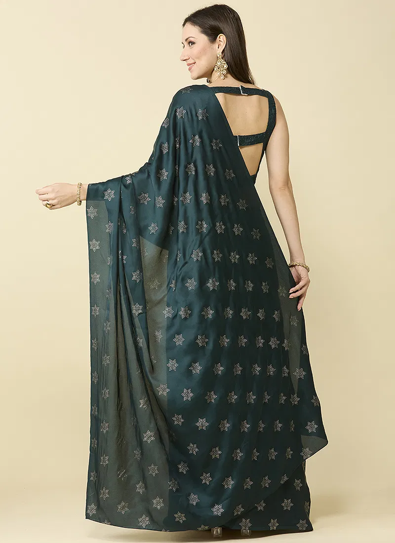 Bottle Green Embellished Schiffli Pure Chiffon Saree