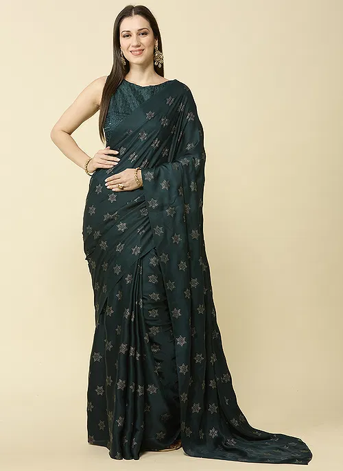 Bottle Green Embellished Schiffli Pure Chiffon Saree