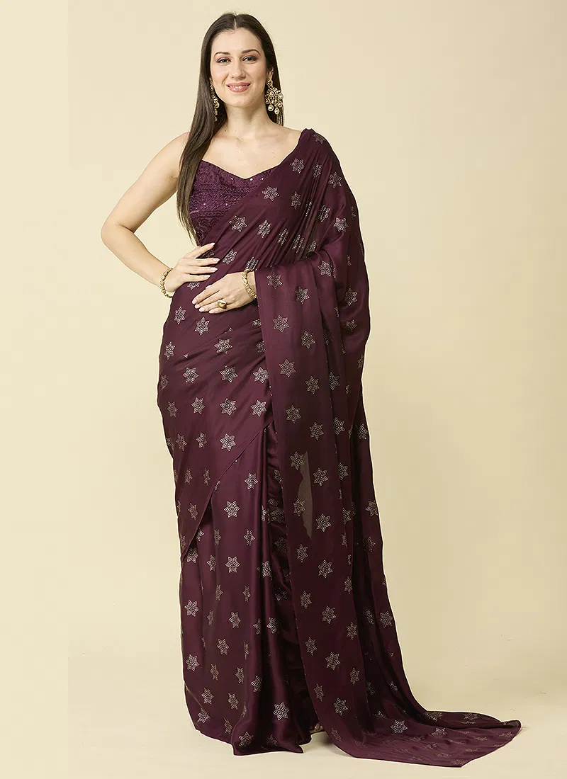 Brown Embellished Schiffli Pure Chiffon Saree