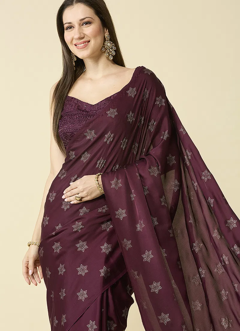 Brown Embellished Schiffli Pure Chiffon Saree