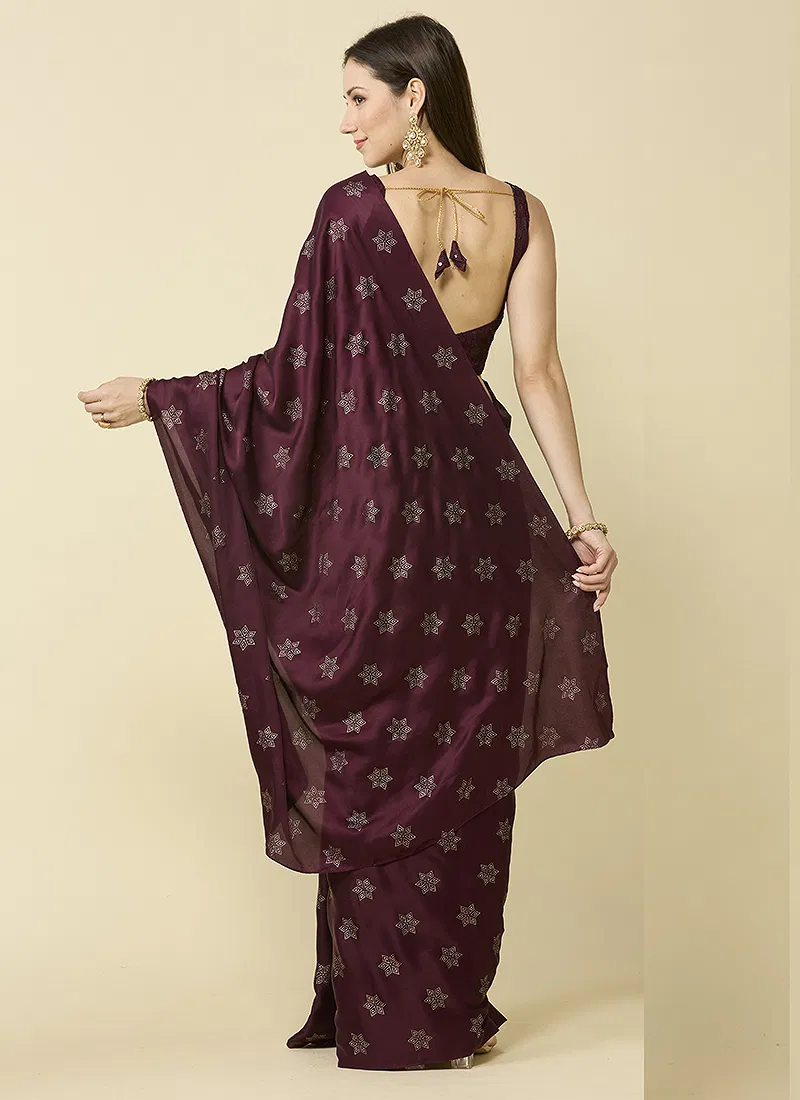 Brown Embellished Schiffli Pure Chiffon Saree