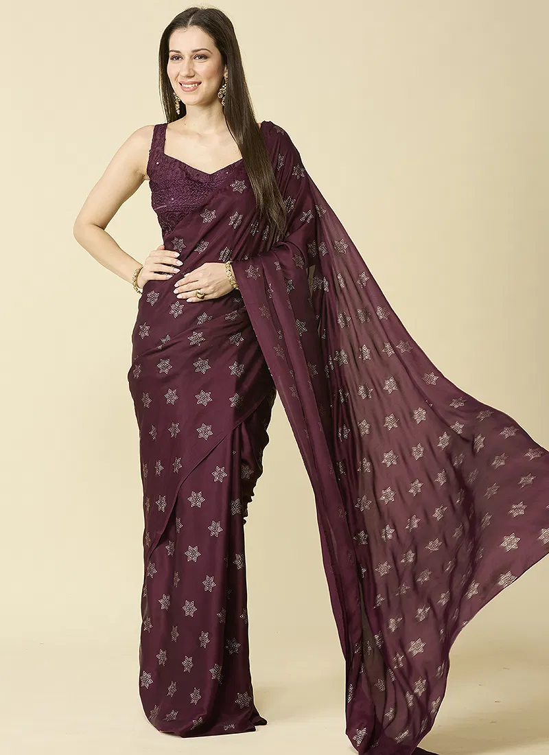 Brown Embellished Schiffli Pure Chiffon Saree