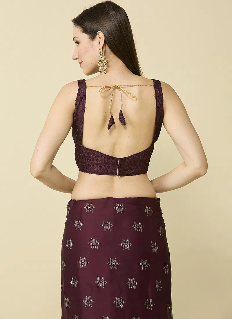 Brown Embellished Schiffli Pure Chiffon Saree