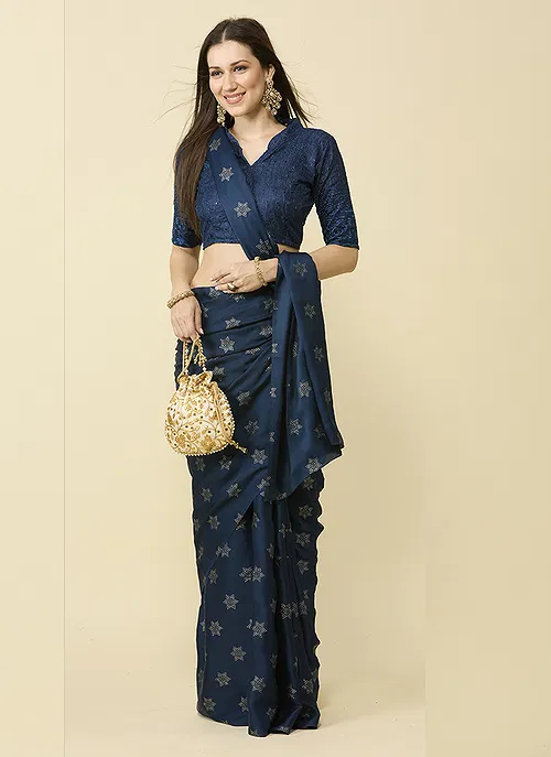 Navy Blue Embellished Schiffli Pure Chiffon Saree