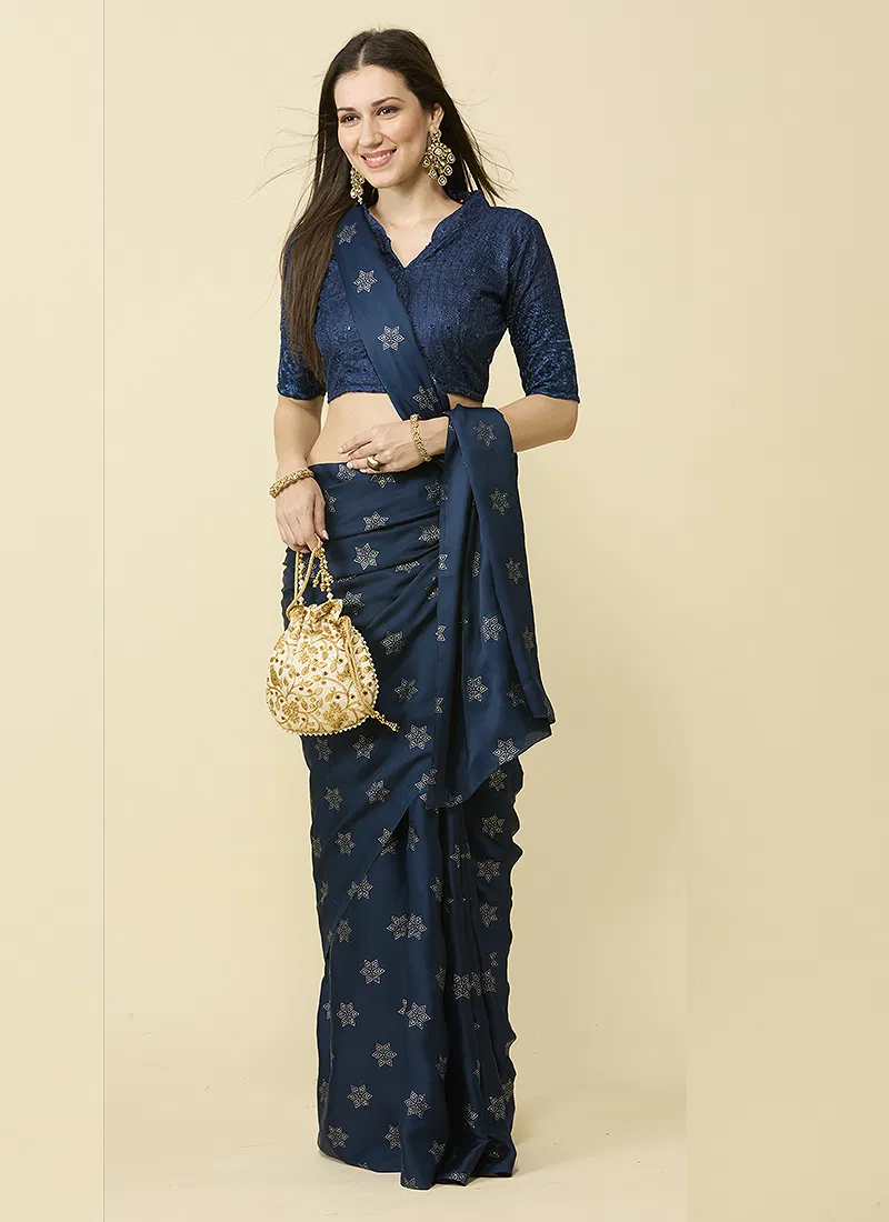Navy Blue Embellished Schiffli Pure Chiffon Saree