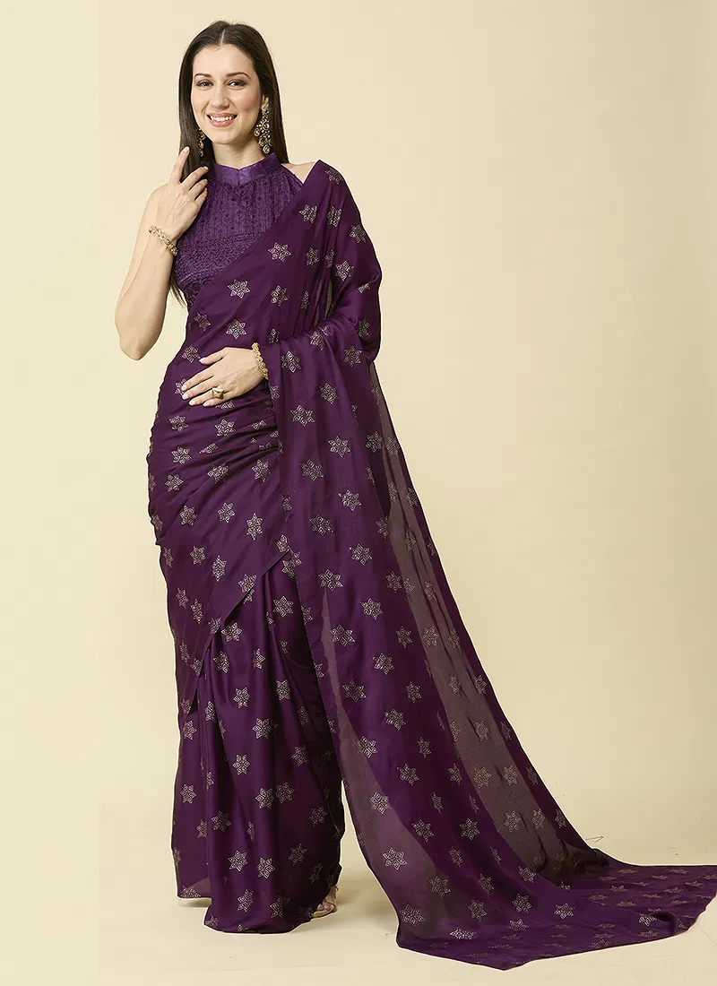 Wine Embellished Schiffli Pure Chiffon Saree