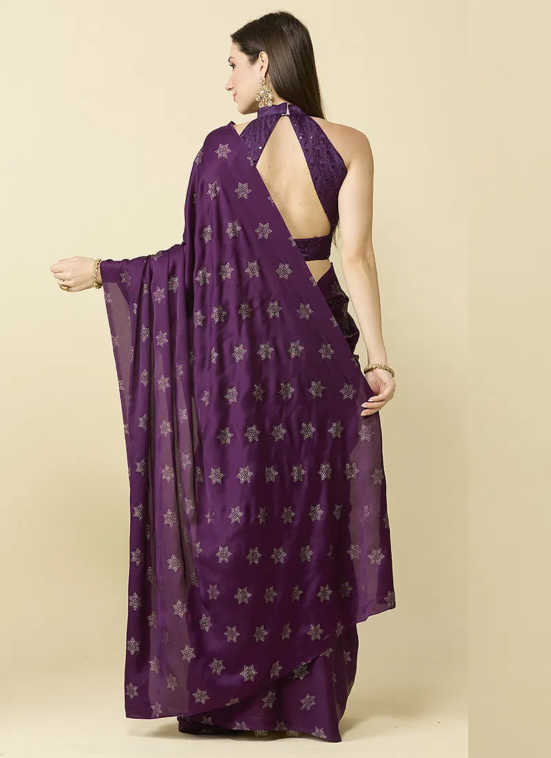 Wine Embellished Schiffli Pure Chiffon Saree