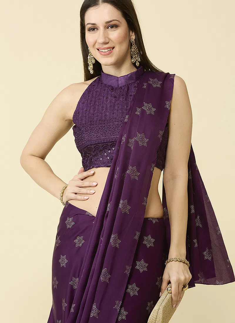 Wine Embellished Schiffli Pure Chiffon Saree
