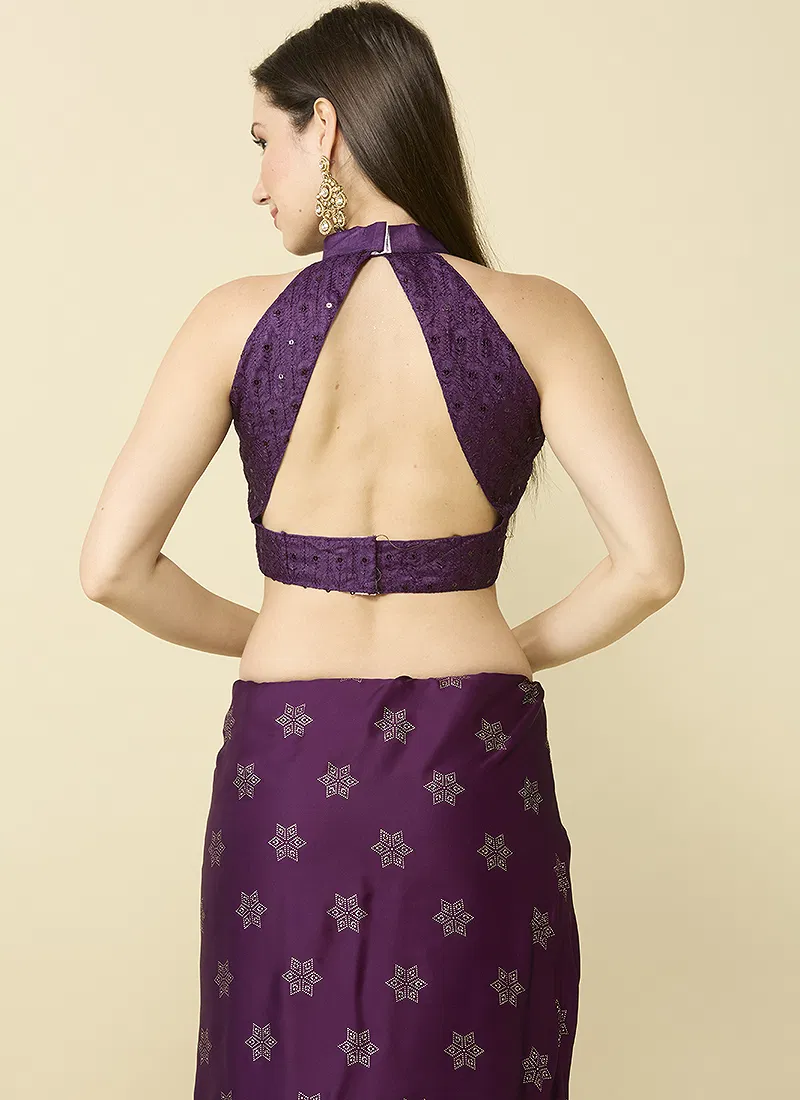 Wine Embellished Schiffli Pure Chiffon Saree