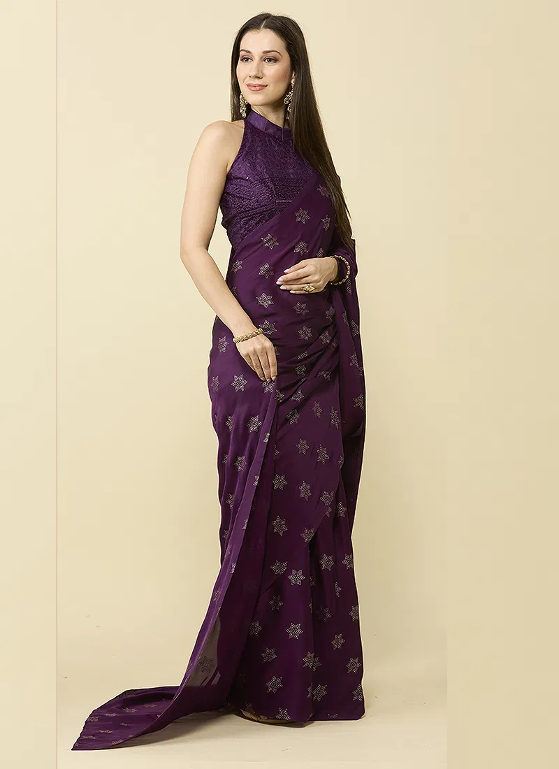 Wine Embellished Schiffli Pure Chiffon Saree