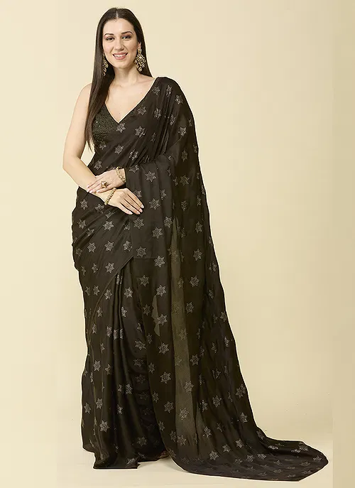 Deep Olive Green Embellished Schiffli Pure Chiffon Saree